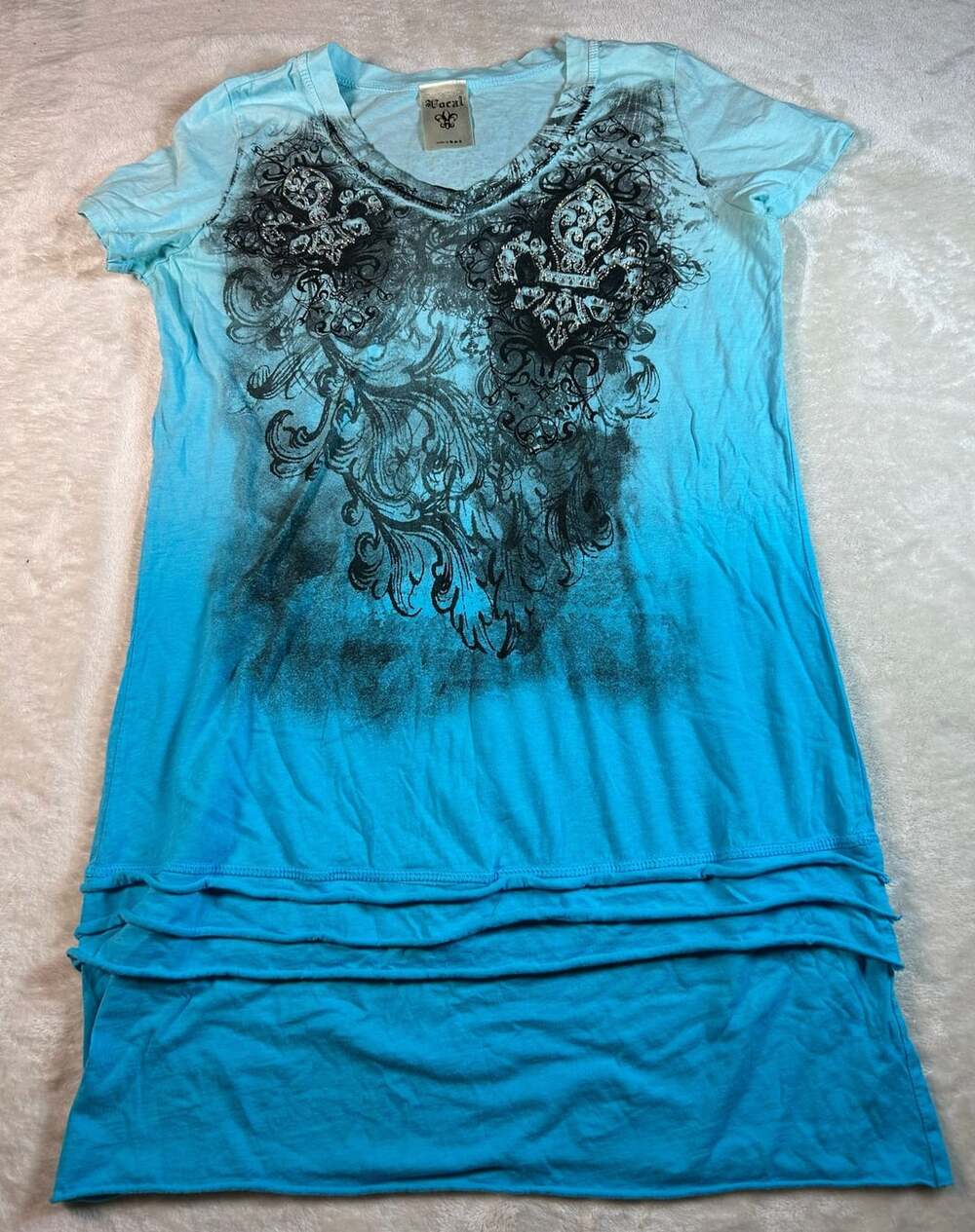 Vocal Y2K Fleur De Lis Rhinestone Graphic T-Shirt Dress Tunic Top Blue XL